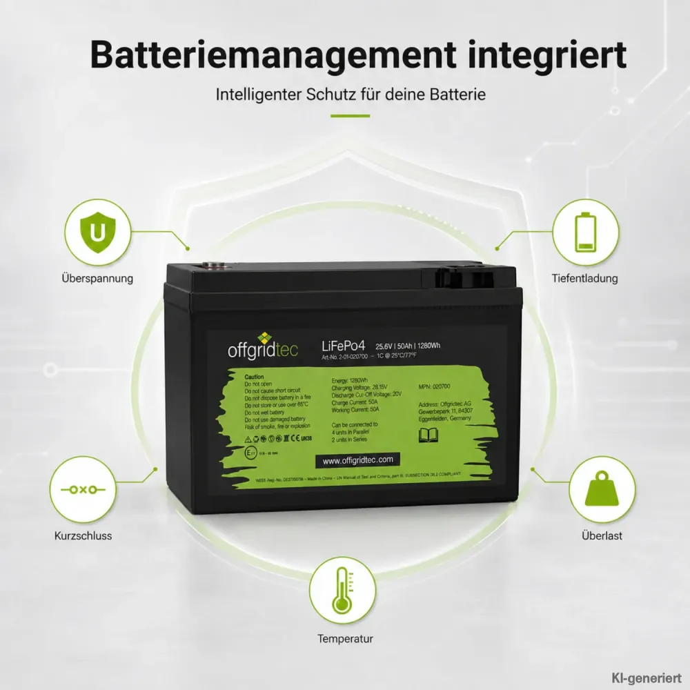 LiFePO4 Akku 24V 50Ah integriertes Batteriemanagementsystem Schutzfunktionen