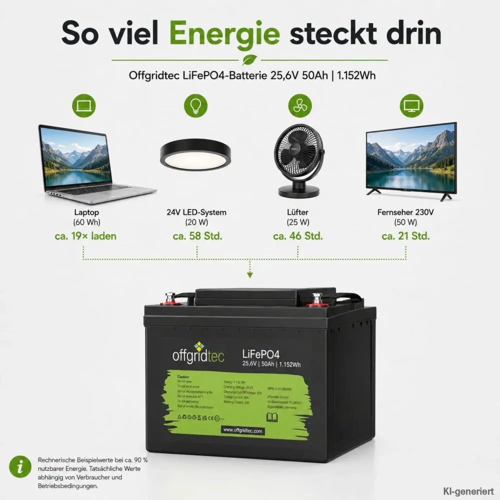 LiFePO4 Akku 24V 50Ah Laufzeitbeispiele fuer Laptop Beleuchtung und 230-V-Verbraucher