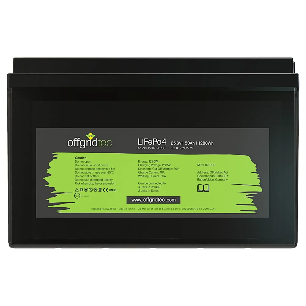 LiFePO4 Akku 24V 50Ah Frontalansicht mit Typenschild und technischen Daten