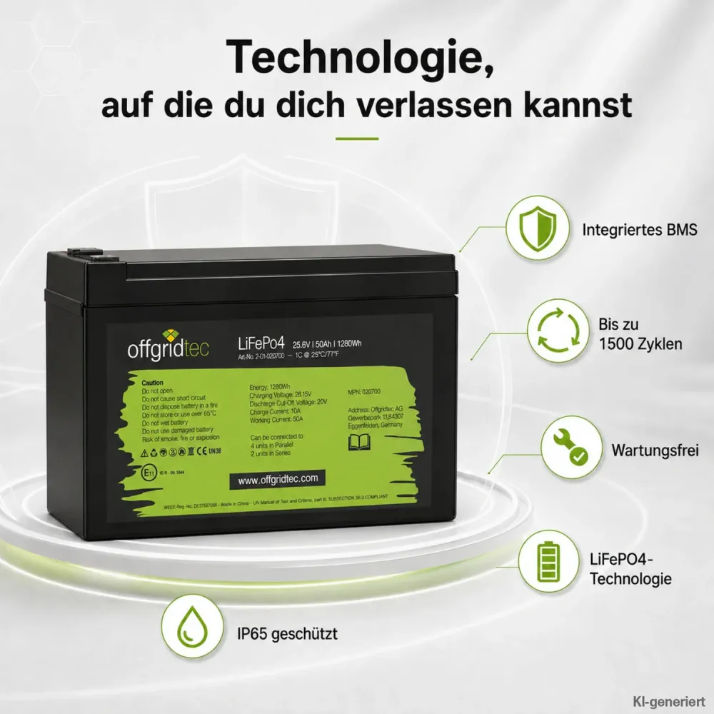 LiFePO4 Akku 24V 50Ah Uebersicht der Produktmerkmale BMS IP-Schutz und Zyklenzahl