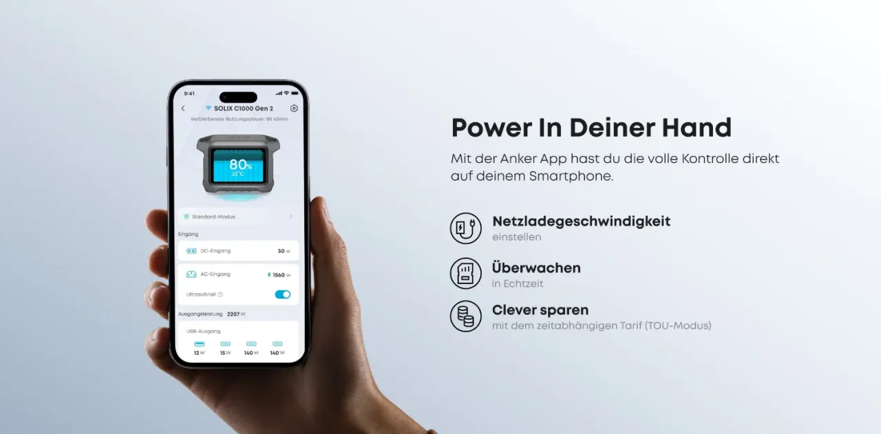 Anker App steuert die Anker SOLIX C1000X Gen 2 per Bluetooth und WLAN