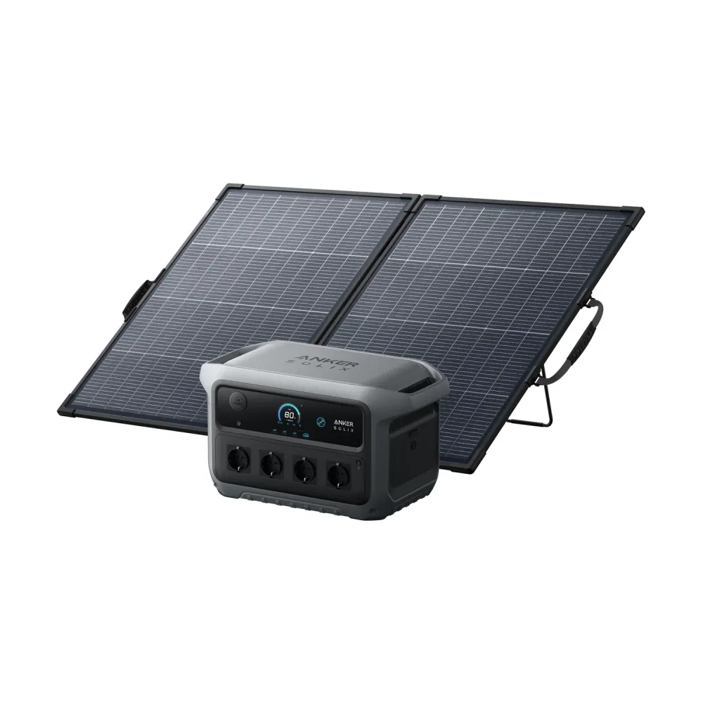 Anker SOLIX C2000 Gen 2 Bundle mit PS200 Bifacial Solarpanel 200W dahinter aufgestellt