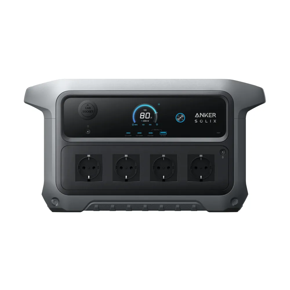Anker SOLIX C2000 Gen 2 Powerstation Frontalansicht mit Display 4 Schuko-Steckdosen und USB-Ports