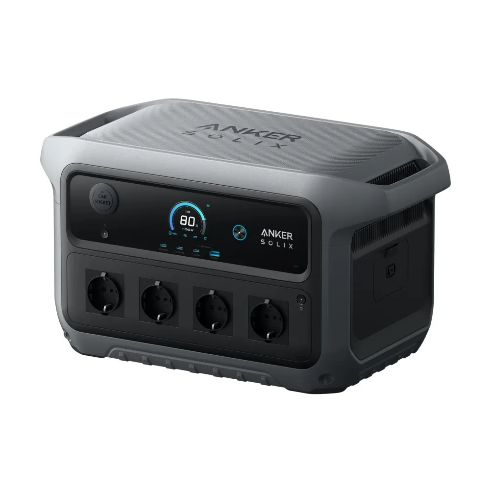 Anker SOLIX C2000 Gen 2 schraeg von rechts mit Erweiterungsport fuer BP2000 Zusatzakku