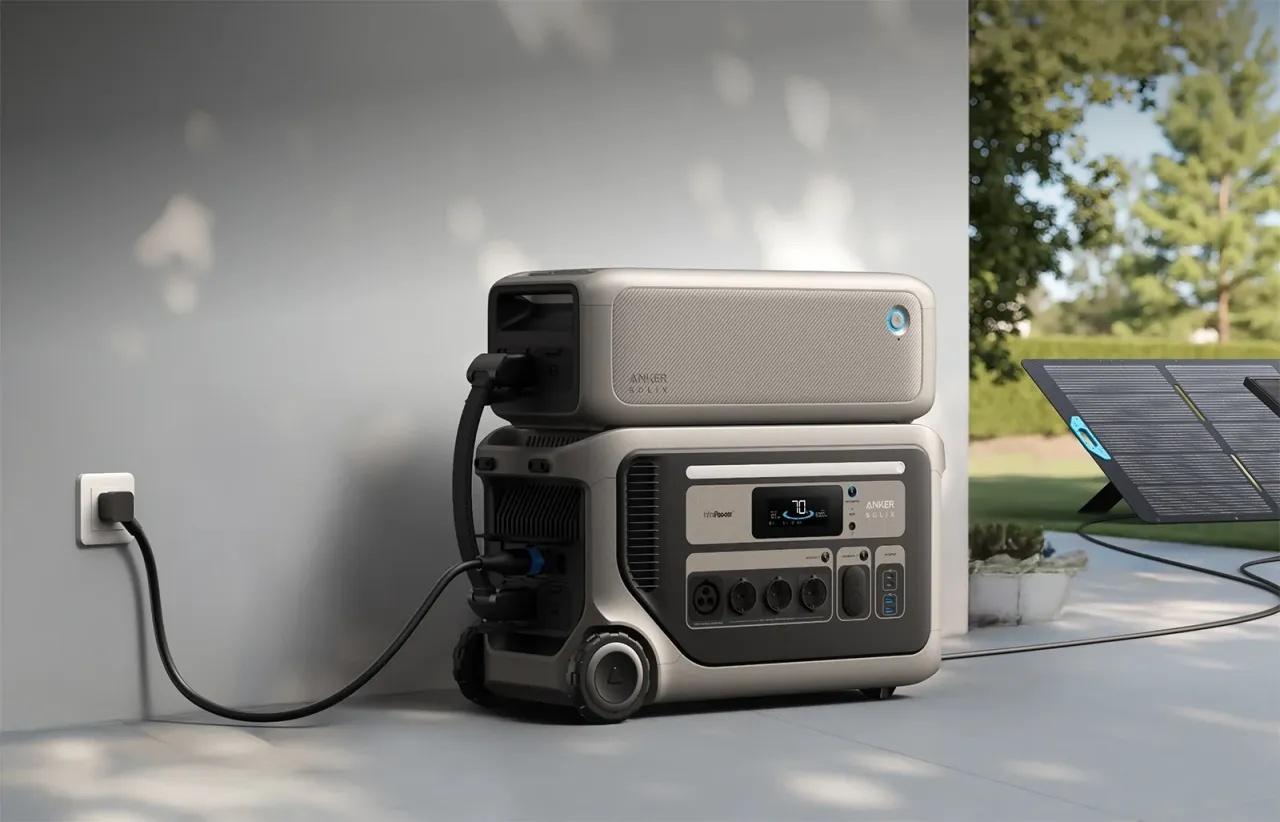 Anker SOLIX F3000 Powerstation mit einem BP3000 Erweiterungsakku gestapelt, an Steckdose und Solarmodul