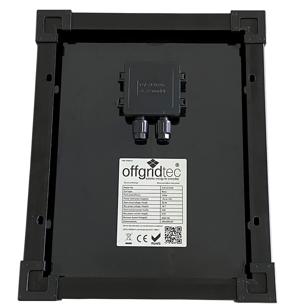 Rückseite 12V Solarmodul 10 Watt mit Schindeltechnologie (overlapping) Rückseite 12V Solarmodul 10 Watt mit Schindeltechnologie (overlapping)