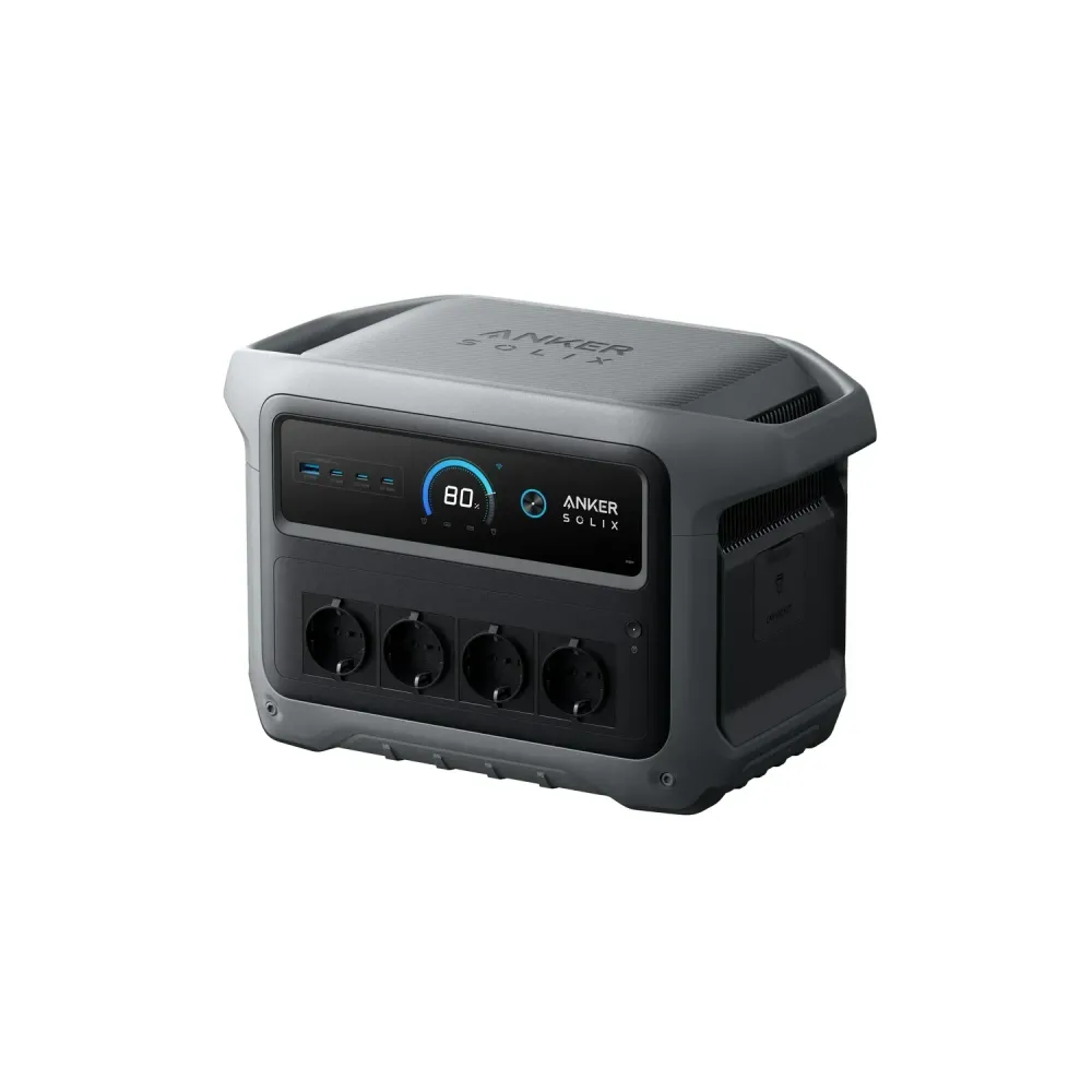 Solargenerator Set 1024Wh: Anker SOLIX C1000X Gen 2 Powerstation frontal mit Display und vier Schuko-Steckdosen