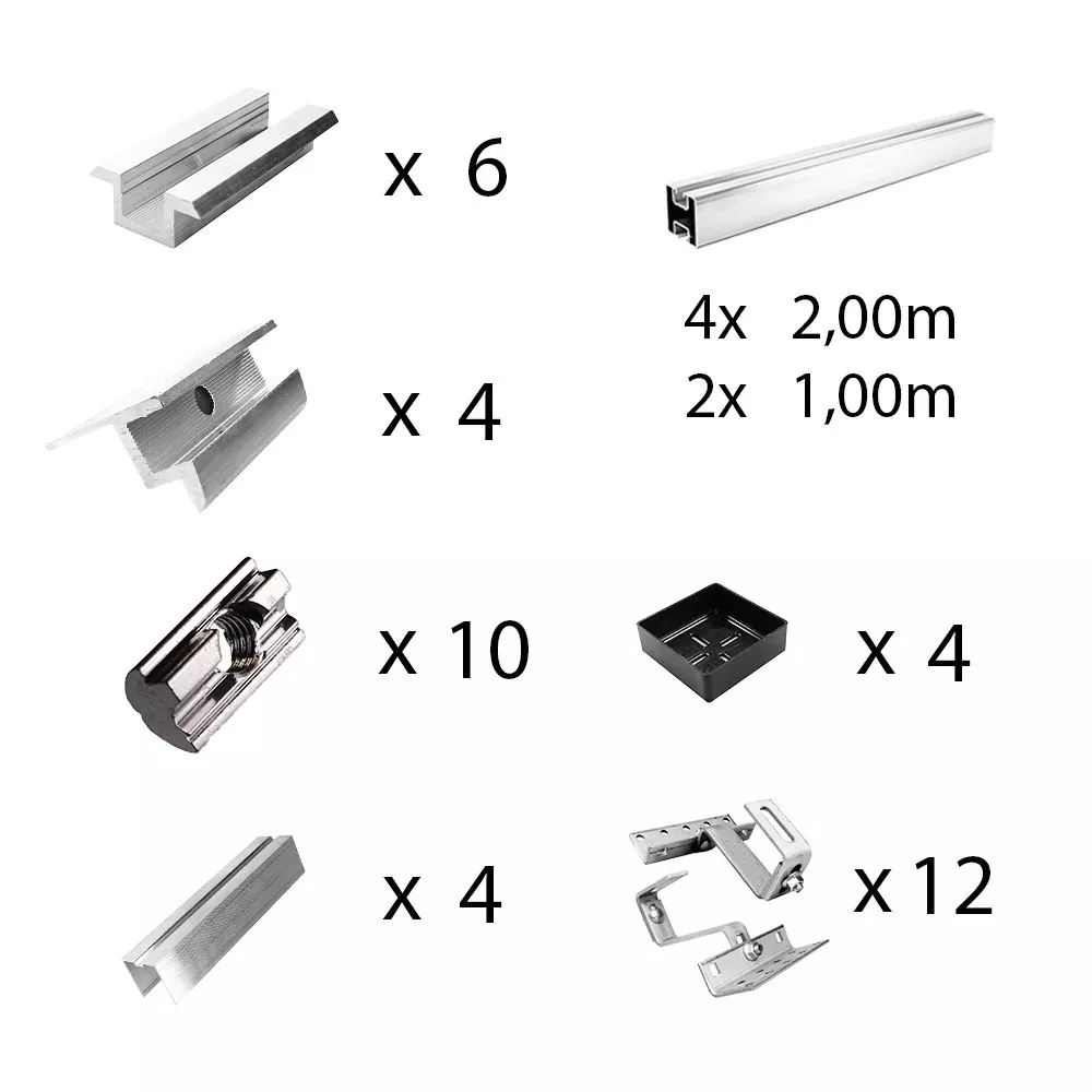 Befestigungs-Set für 4 Solarmodule Rahmenhöhe 30mm für Dachziegel Schrägdachmontage