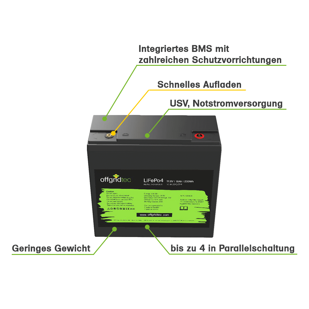 LiFePO4 Akku 12V 18Ah - Lithium Eisenphosphat Batterie 224Wh mit BMS – Solarbatterie, Ansicht 2