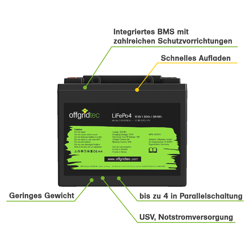 LiFePO4 Akku 12V 30Ah Lithium Eisenphosphat Batterie 384Wh mit BMS – Solarbatterie, Ansicht 2