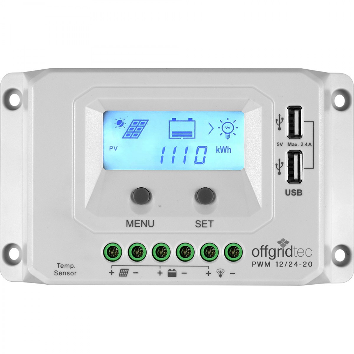 20A PWM Laderegler Pro 12V-24V mit USB – Solarladeregler, Produktansicht