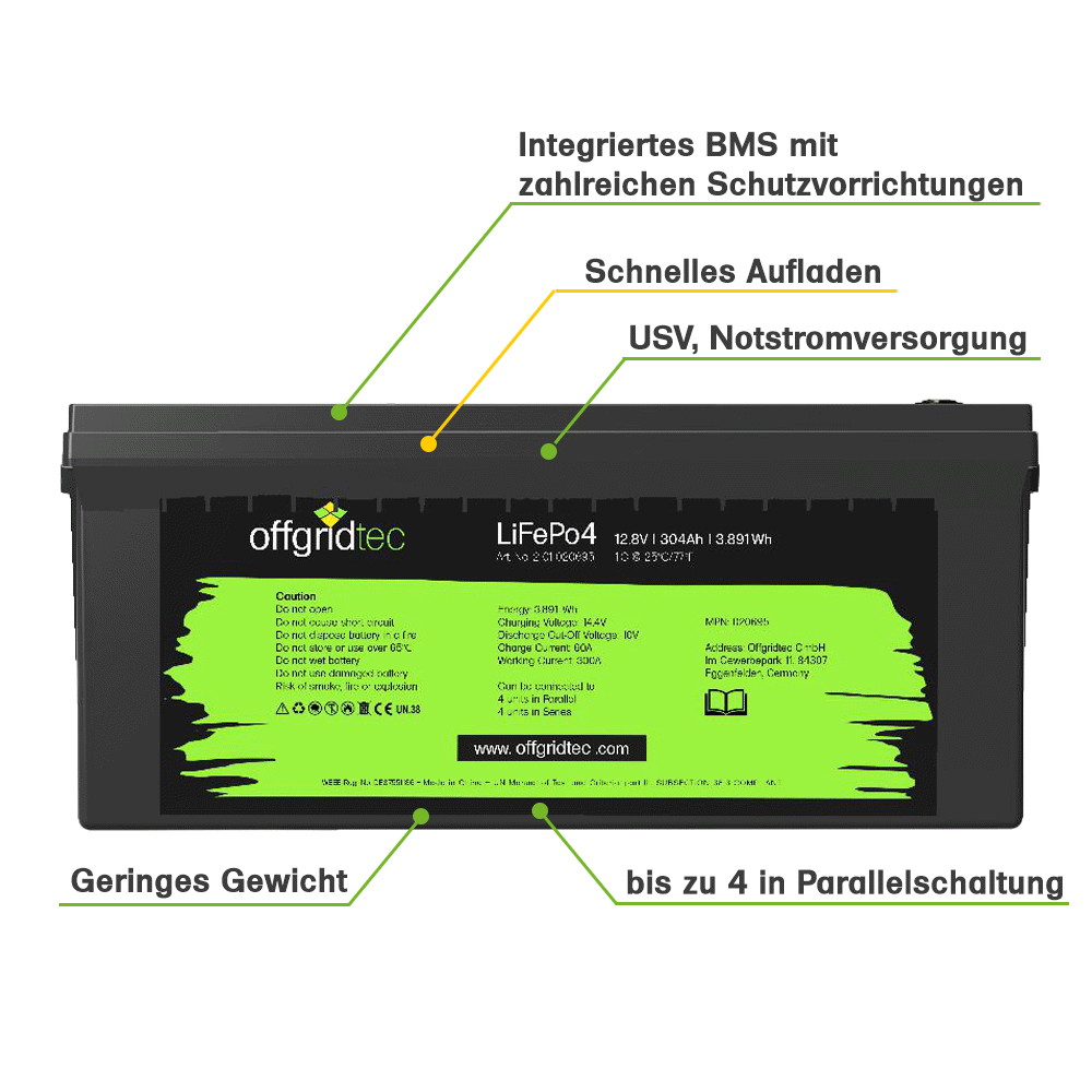 300Ah 12V LiFePO4 Pro Akku 3840Wh 12,8V BMS integriert – Solarbatterie, Ansicht 2