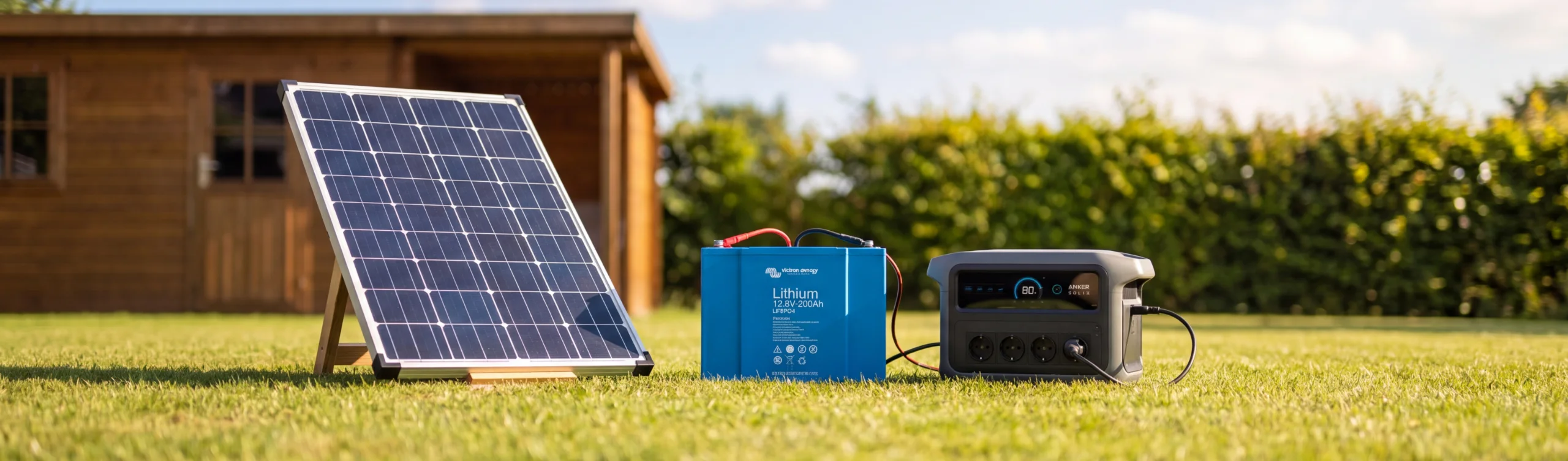 Solarmodul, Victron LiFePO4-Batterie und Anker SOLIX Powerstation als autarke Inselanlage im Garten