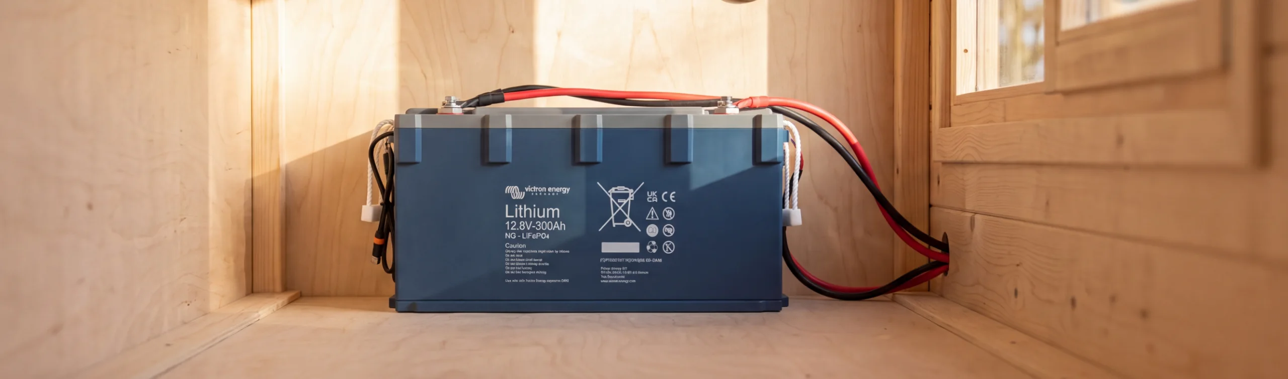 Victron Lithium-NG 12,8 V 300 Ah LiFePO4-Batterie mit Anschlusskabeln im Technikfach