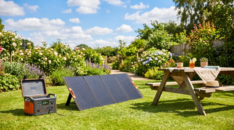 Gartentisch mit Powerstation und Faltmodul in der Sonne