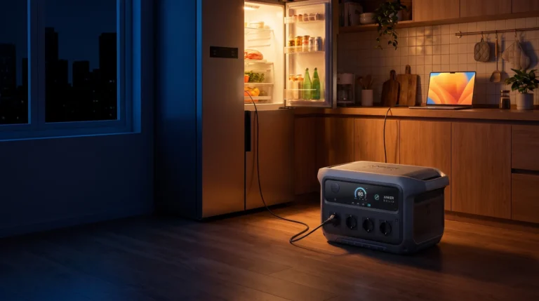 Küche im Dunkeln, Powerstation hält den Kühlschrank am Laufen