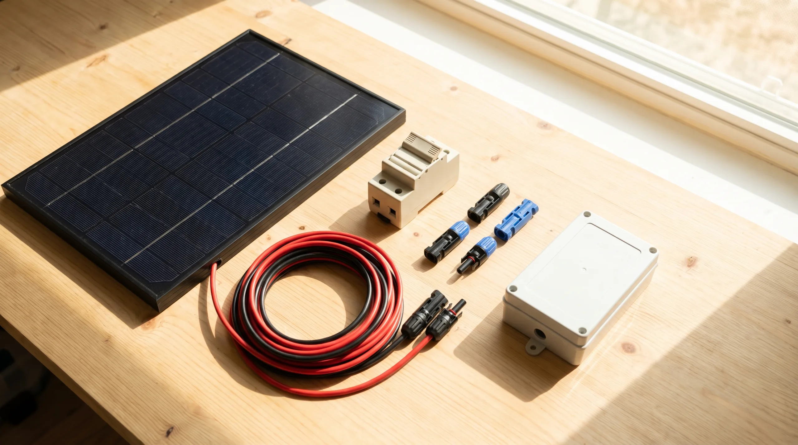 Solar-Bauteile übersichtlich auf sonniger Werkbank
