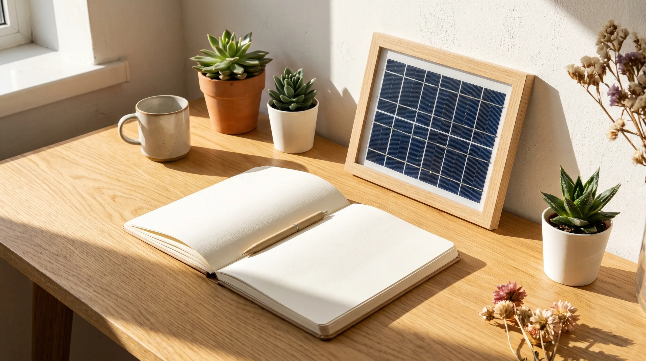 Notizbuch und Solarmodul auf sonnigem Schreibtisch