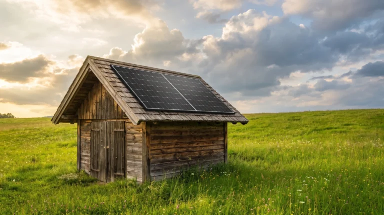 Gartenhaus mit Solarmodulen auf dem Dach