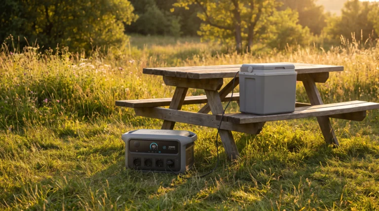 Kompressor-Kühlbox und Powerstation am Picknicktisch