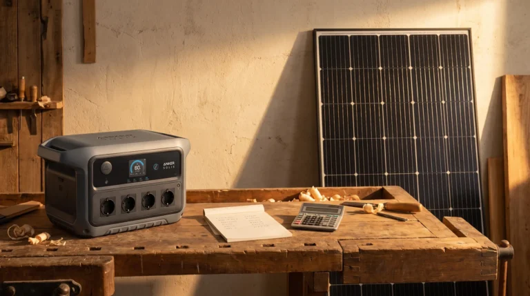 Werkbank mit Powerstation und Solarmodul