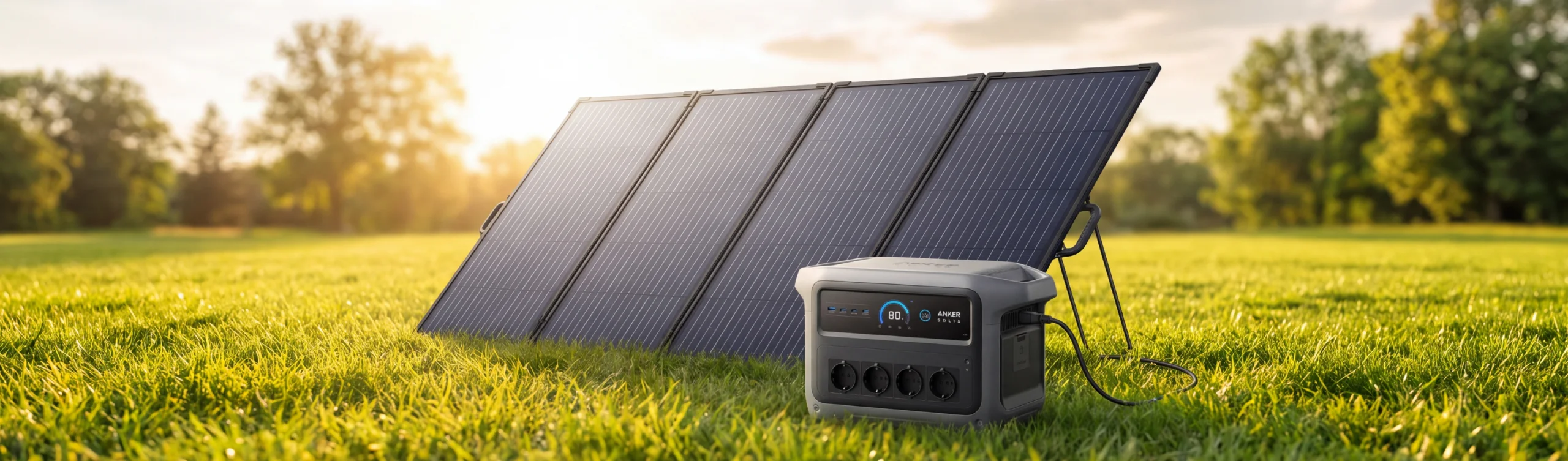 Anker SOLIX PS400 Faltmodul lädt eine C1000X Gen 2 Powerstation auf sonniger Wiese