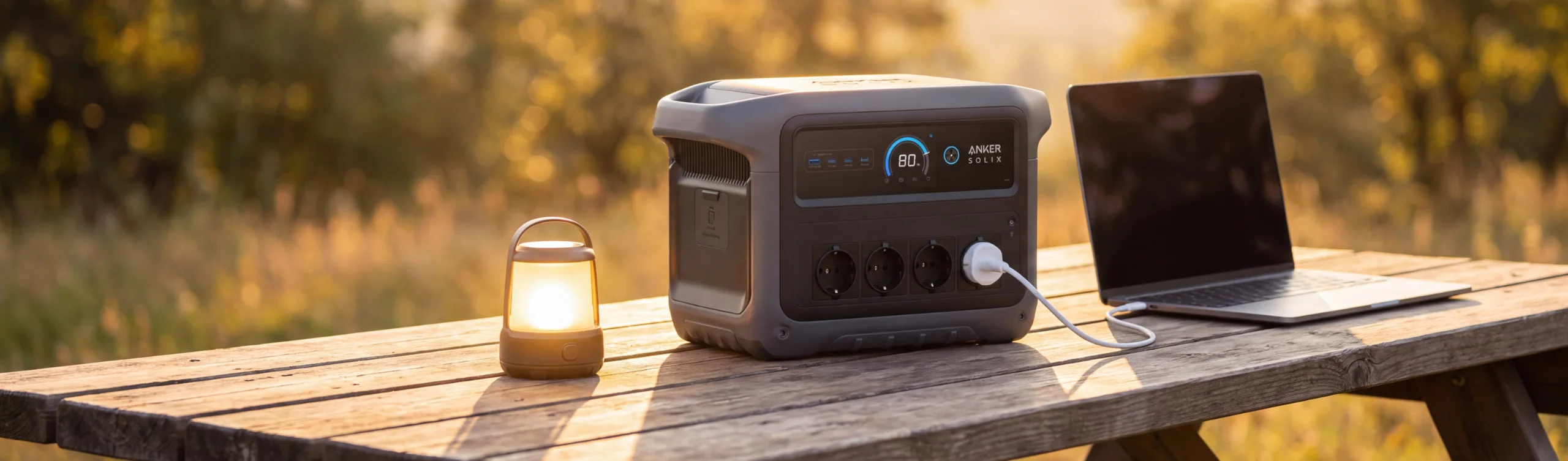 Anker SOLIX C1000X Gen 2 versorgt Laptop und Campinglampe auf dem Campingtisch