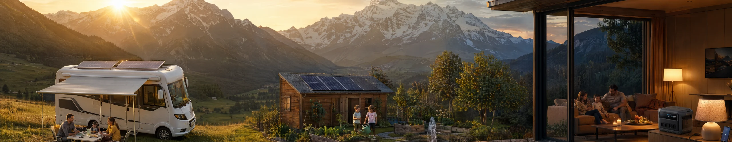 Inselanlage im Überblick: Wohnmobil mit flach montierten Solarmodulen in den Alpen, Gartenhaus mit Solardach und Teich, Wohnzimmer bei Stromausfall mit Kerzen und Anker SOLIX Powerstation