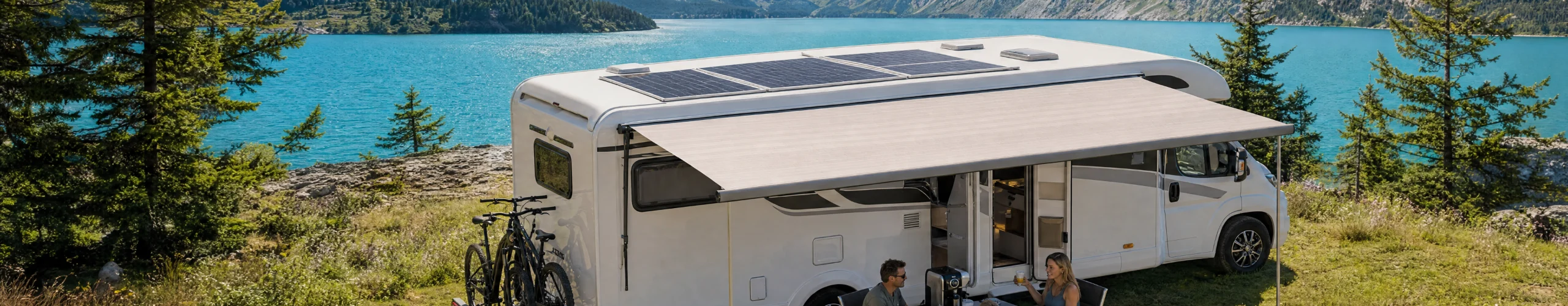 Wohnmobil mit flach montierten Solarmodulen am Alpensee, Familie am Campingtisch mit Kaffeemaschine und Laptop, E-Bikes am Heckträger