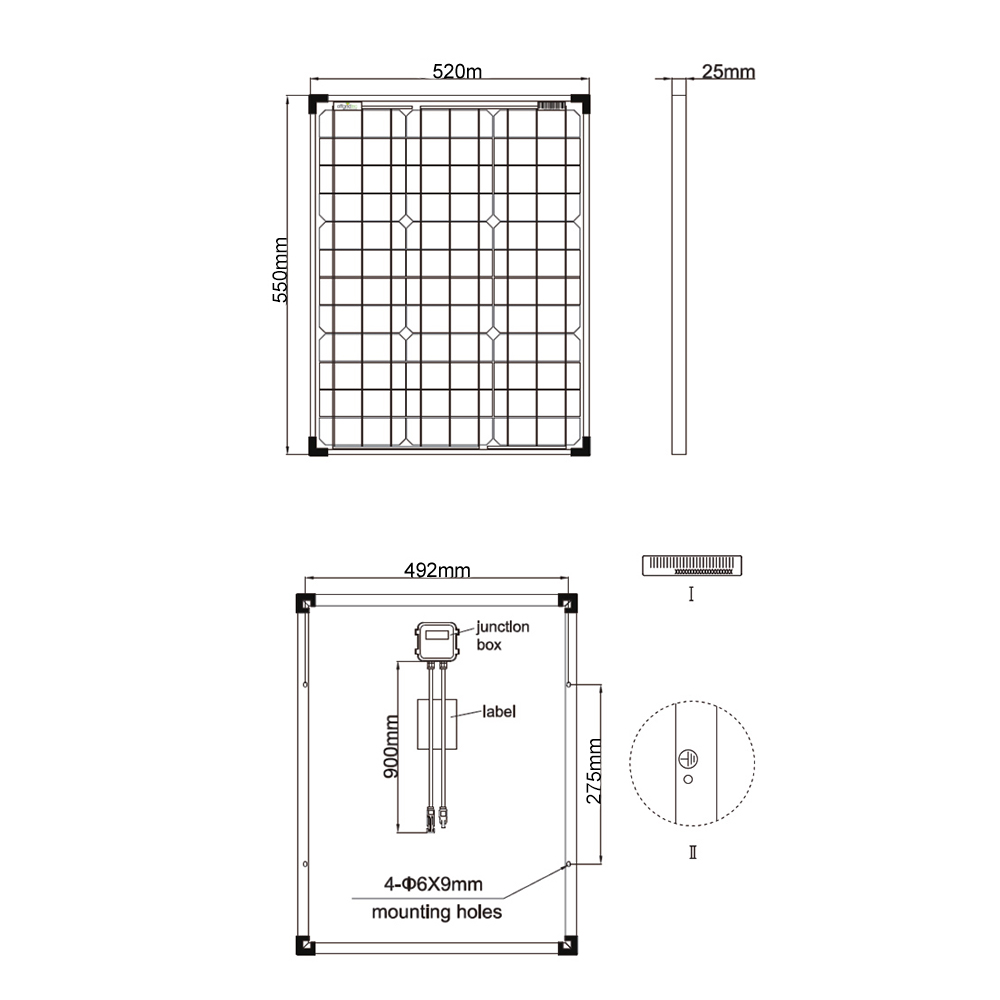 Abmessungen 50W 12V Solarpanel