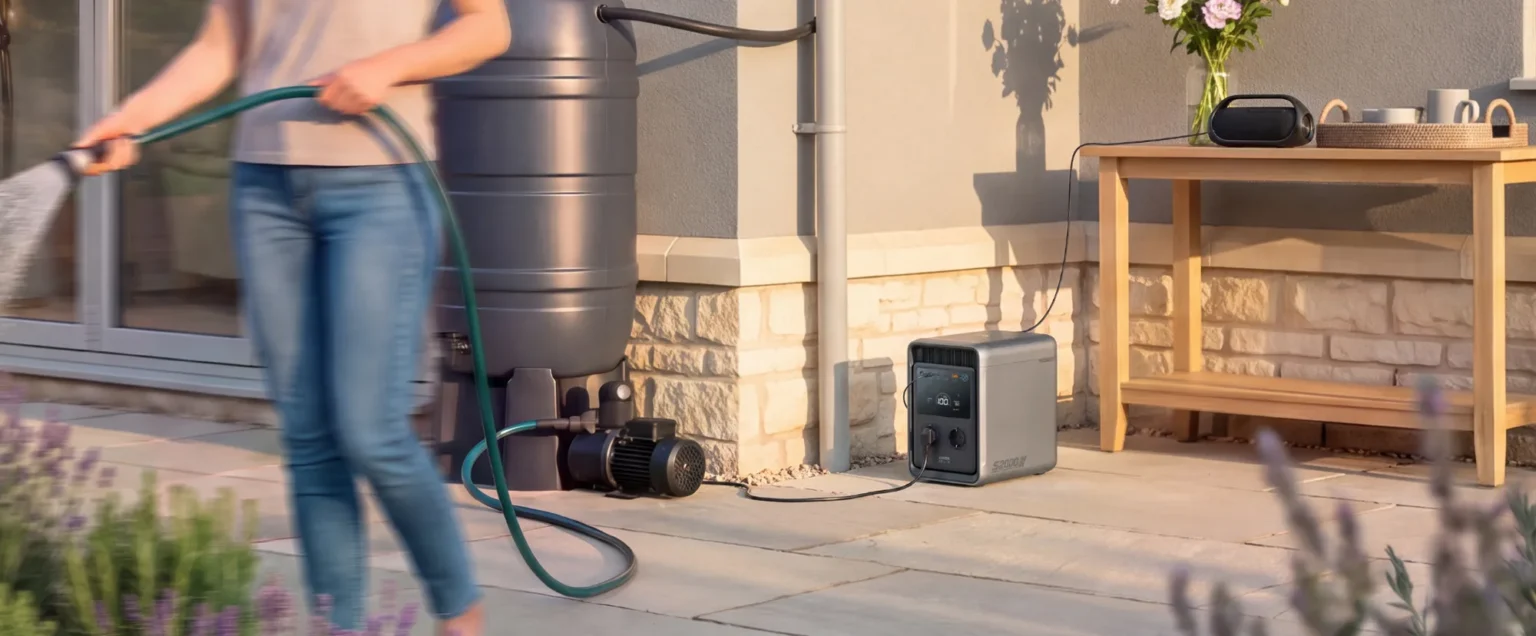 Anker SOLIX S2000 betreibt eine Gartenpumpe im Garten