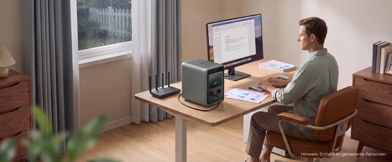 Mann arbeitet am Computer, versorgt von der Anker SOLIX S2000