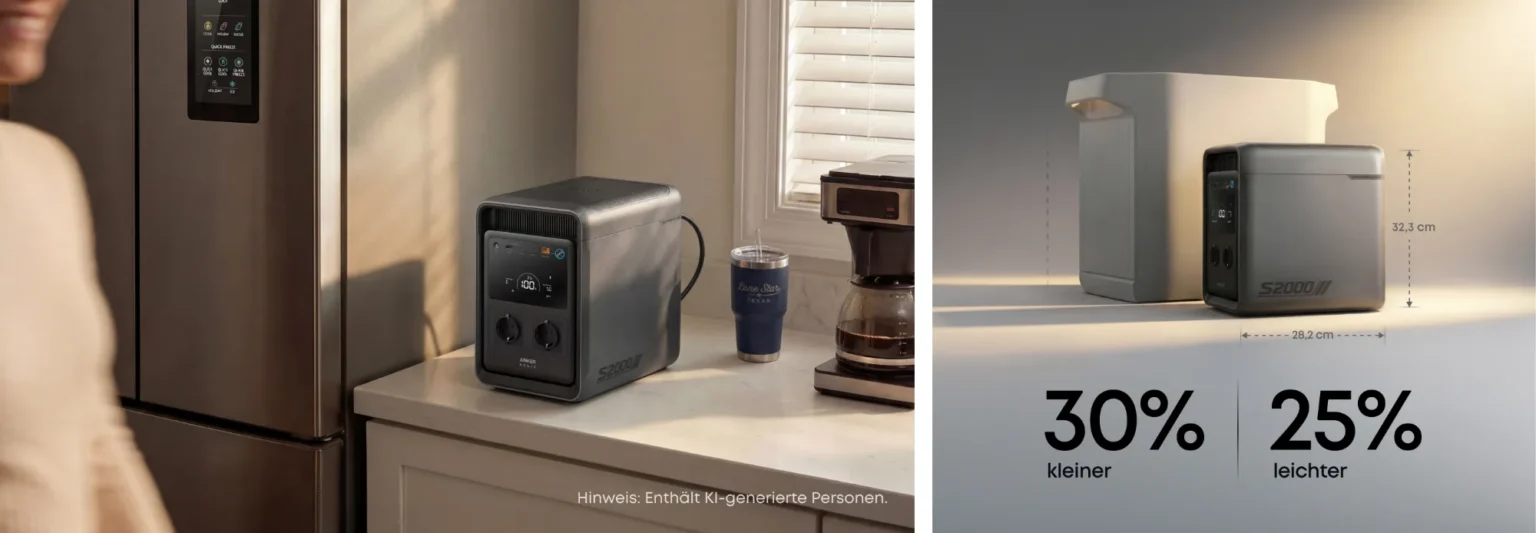 Anker SOLIX S2000 neben einer Kaffeemaschine auf der Küchenarbeitsplatte