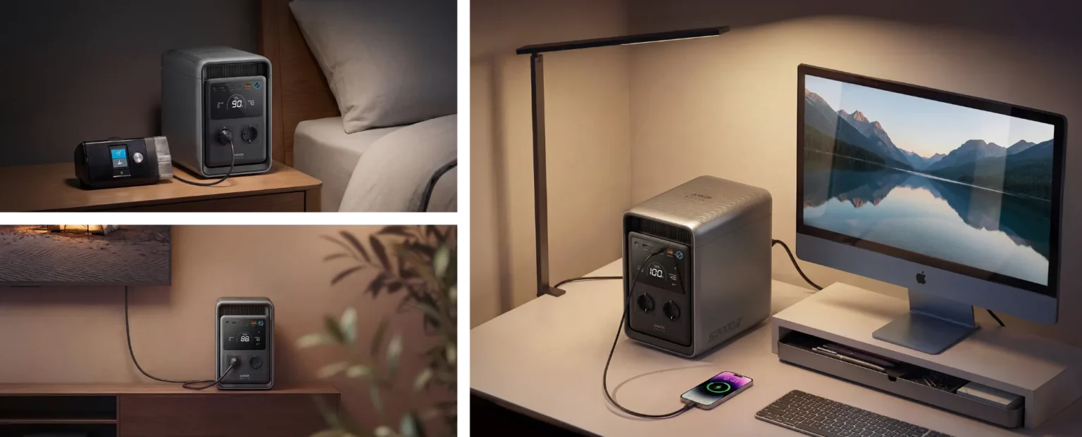 Anker SOLIX S2000 am Schreibtisch mit angeschlossenem Laptop und Lampe