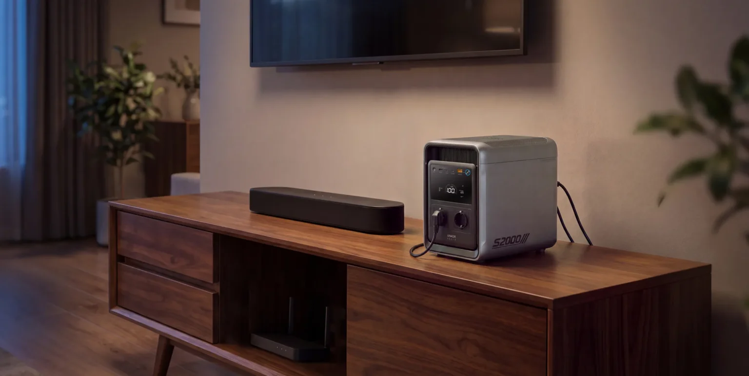 Anker SOLIX S2000 versorgt Fernseher und Lautsprecher im Wohnzimmer