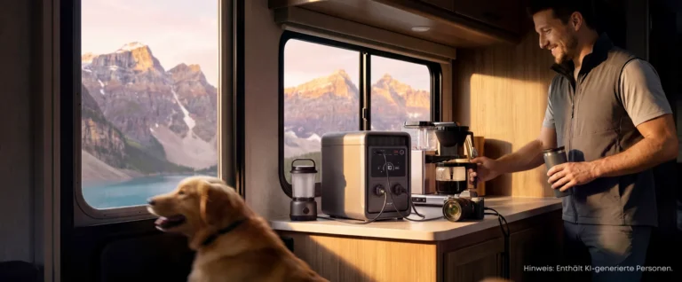 Wohnmobilküche mit Kaffeemaschine und Powerstation, Blick auf die Berge