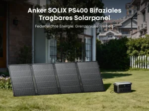 Anker SOLIX PS400 bifaziales Solarpanel lädt Powerstation im Garten