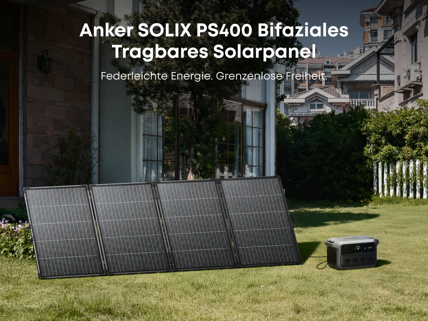 Anker SOLIX PS400 bifaziales Solarpanel lädt Powerstation im Garten