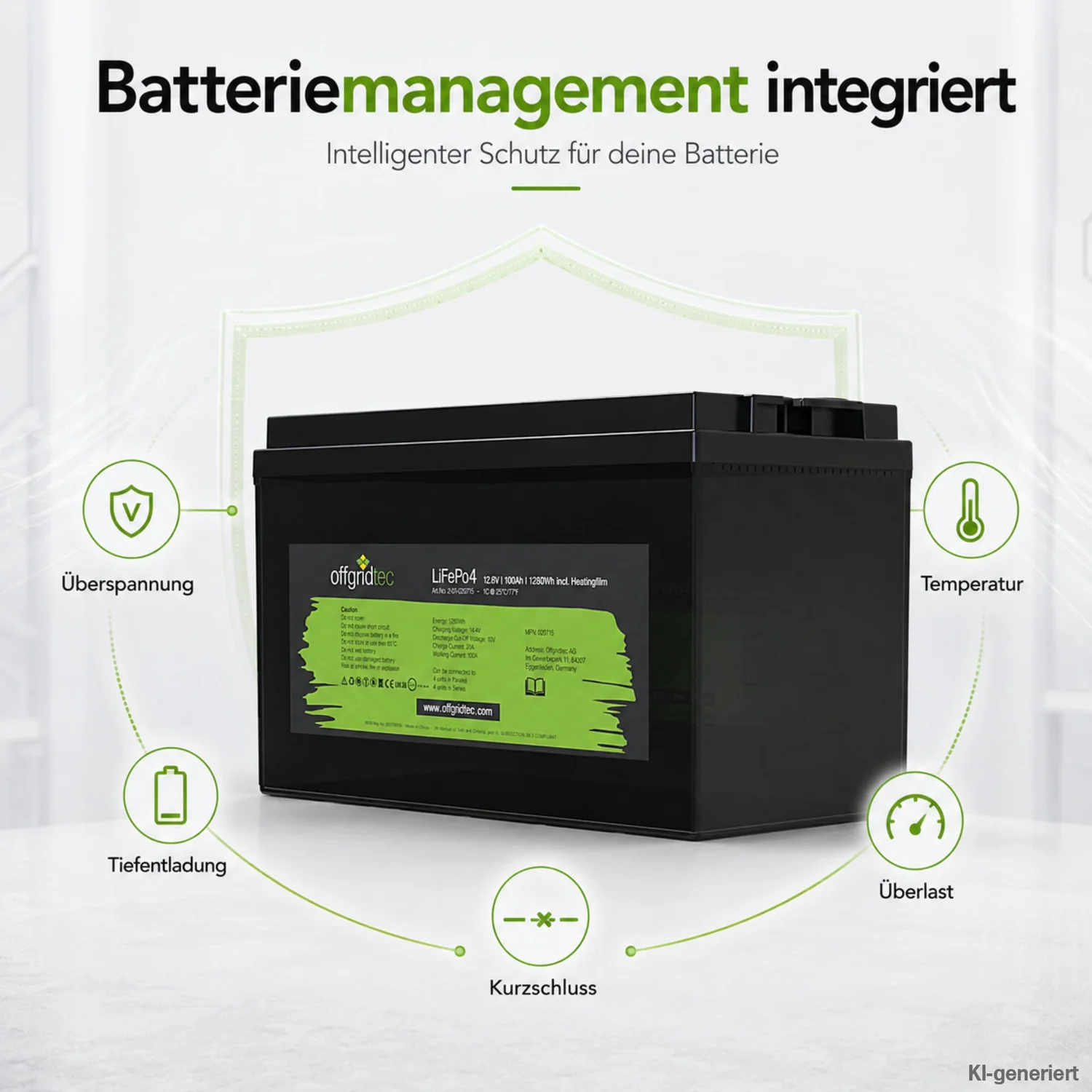 LiFePO4 Akku 12V 100Ah integriertes Batteriemanagementsystem Schutzfunktionen