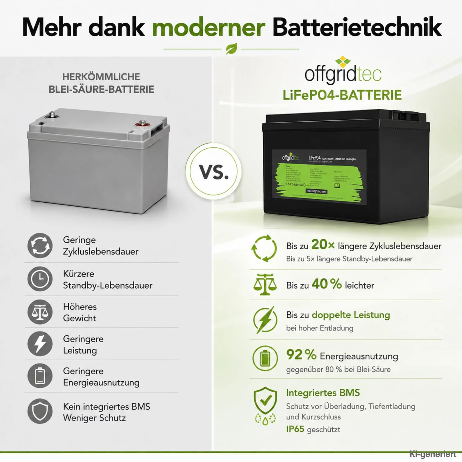 LiFePO4 Akku 12V 100Ah im Vergleich zur Blei-Säure-Batterie Gewicht und Zyklen