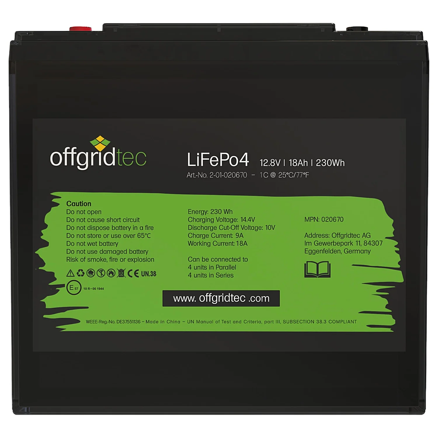 LiFePO4 Akku 12V 18Ah Frontalansicht mit Typenschild und technischen Daten