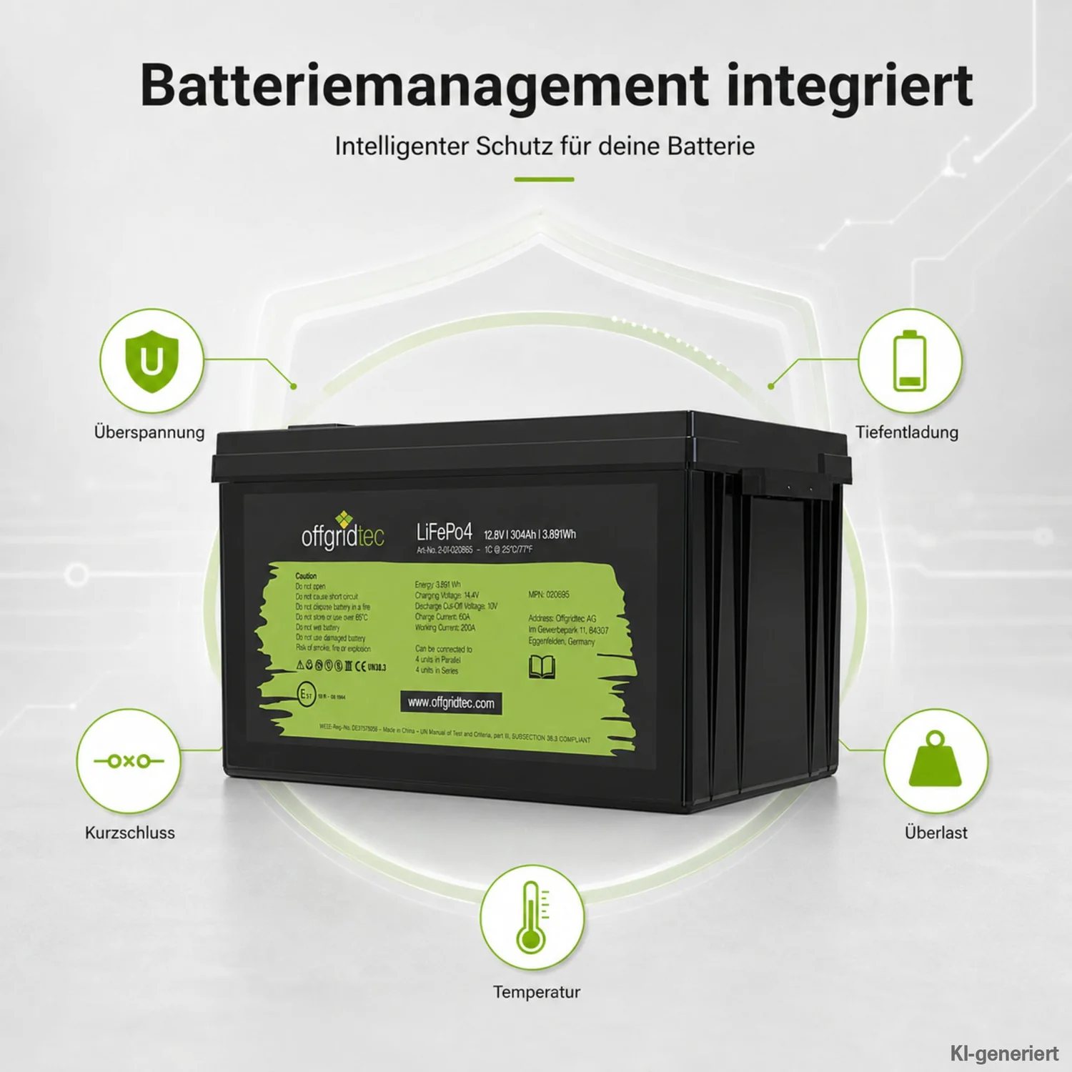LiFePO4 Akku 12V 304Ah integriertes Batteriemanagementsystem Schutzfunktionen