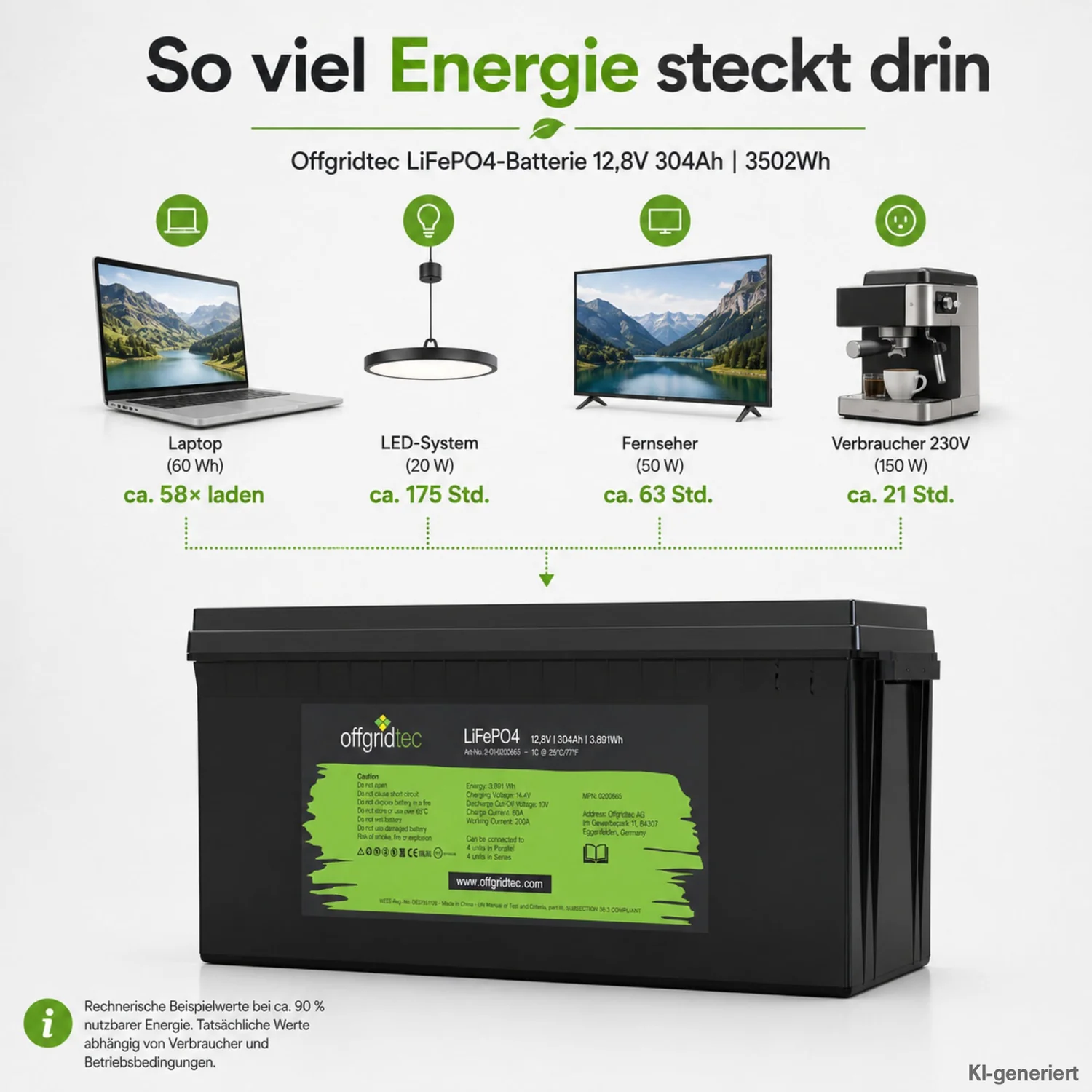 LiFePO4 Akku 12V 304Ah Laufzeitbeispiele für Laptop Beleuchtung und 230-V-Verbraucher