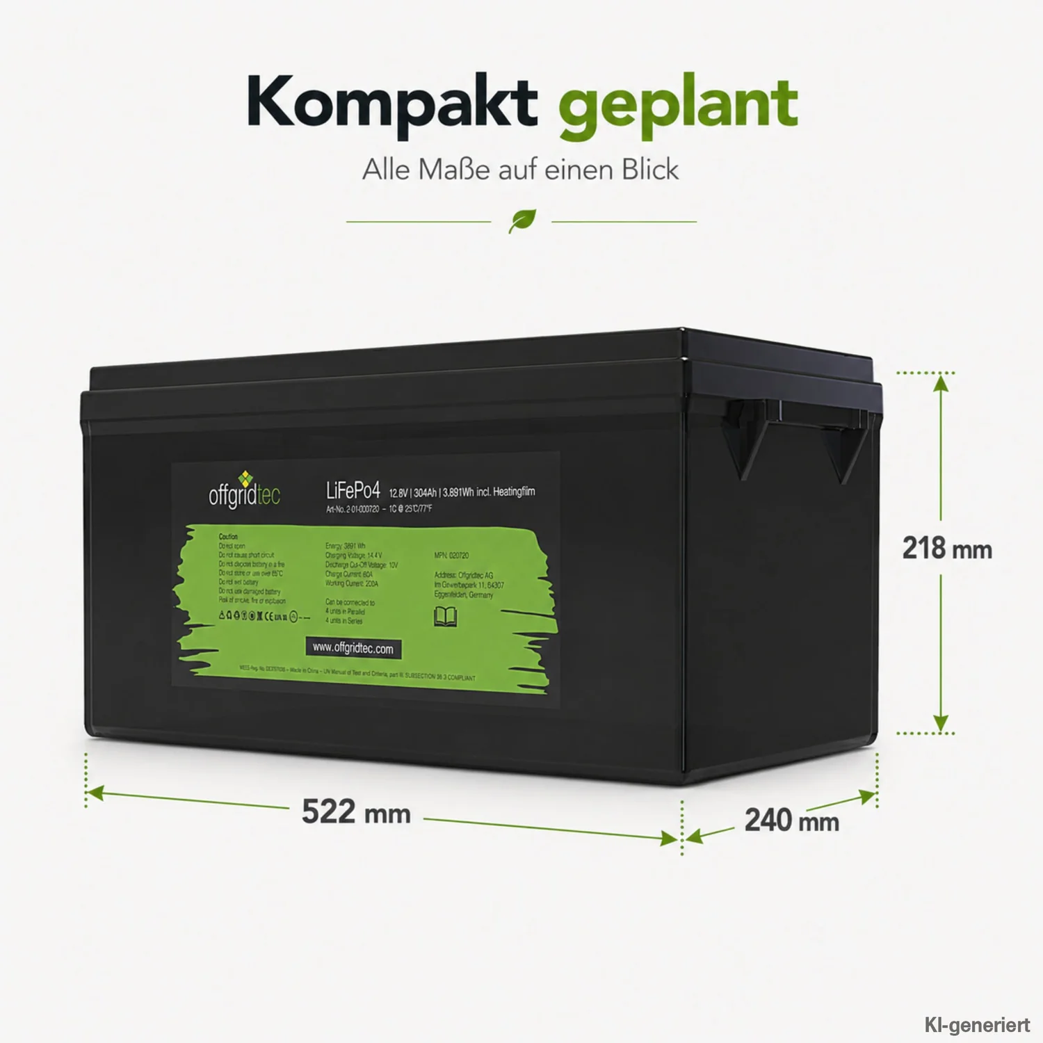 LiFePO4 Akku 12V 304Ah Abmessungen 522 x 265 x 218 mm als Massskizze