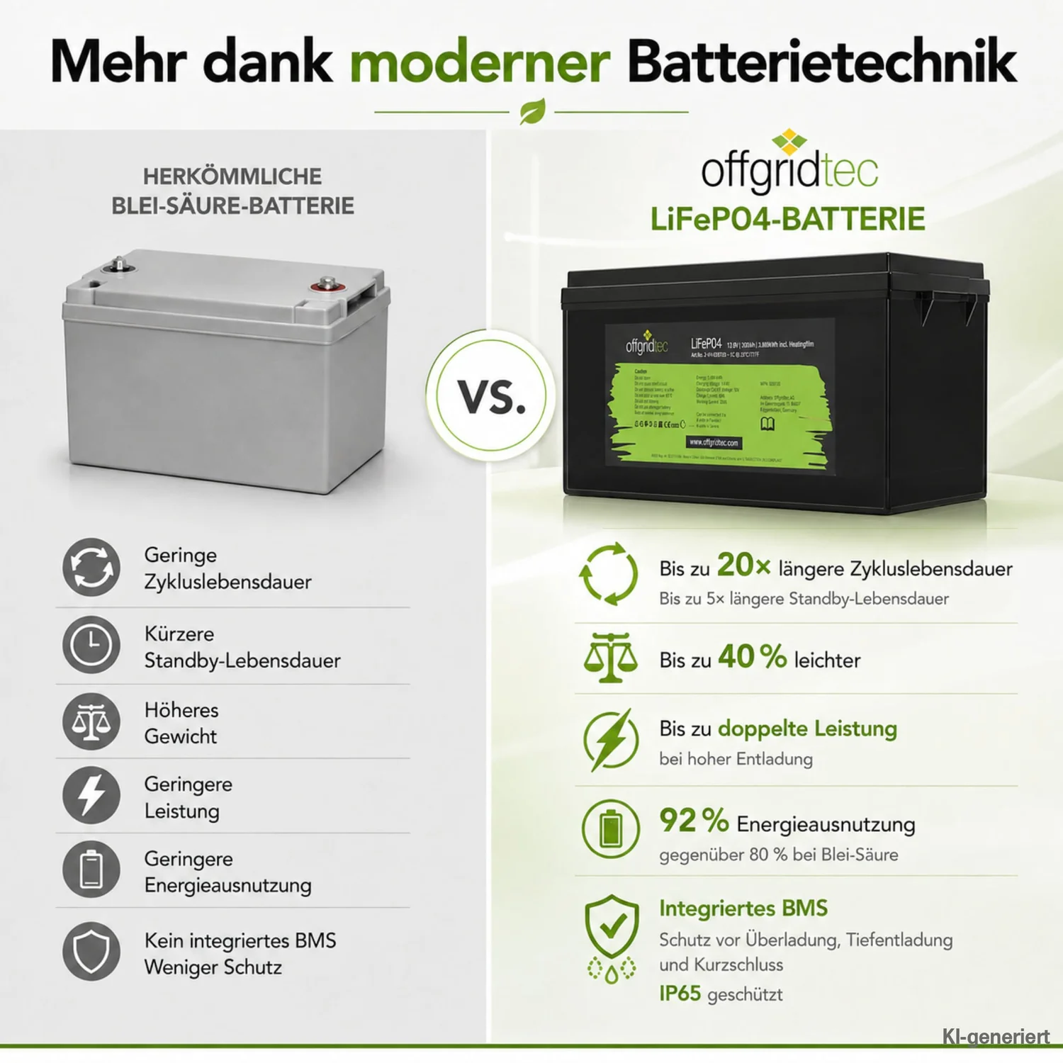 LiFePO4 Akku 12V 304Ah im Vergleich zur Blei-Säure-Batterie Gewicht und Zyklen