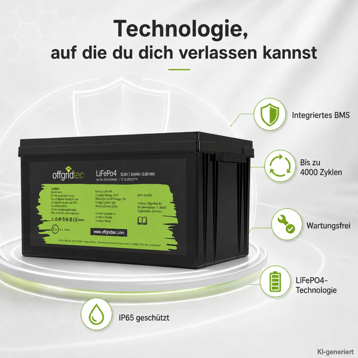 LiFePO4 Akku 12V 304Ah Übersicht der Produktmerkmale BMS IP-Schutz und Zyklenzahl