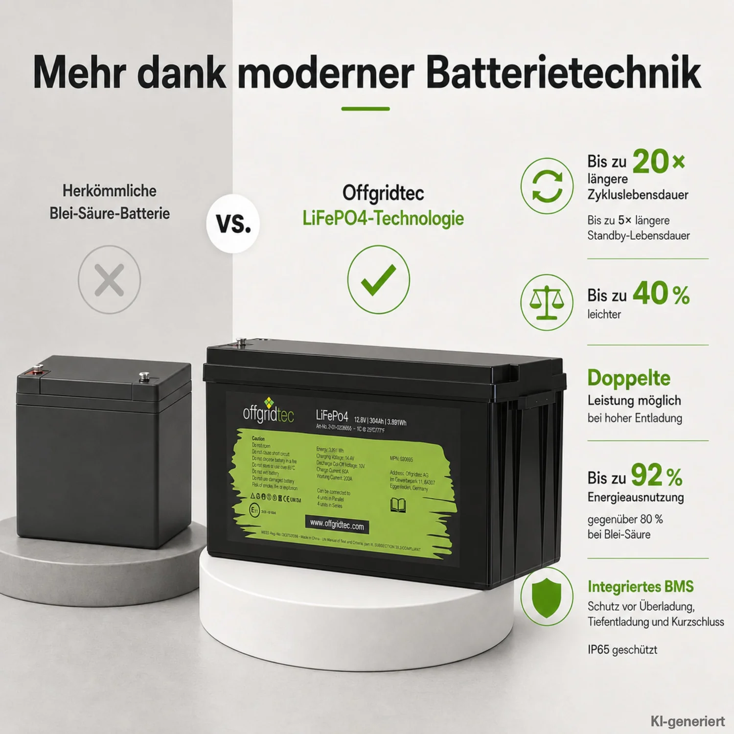 LiFePO4 Akku 12V 304Ah im Vergleich zur Blei-Säure-Batterie Gewicht und Zyklen