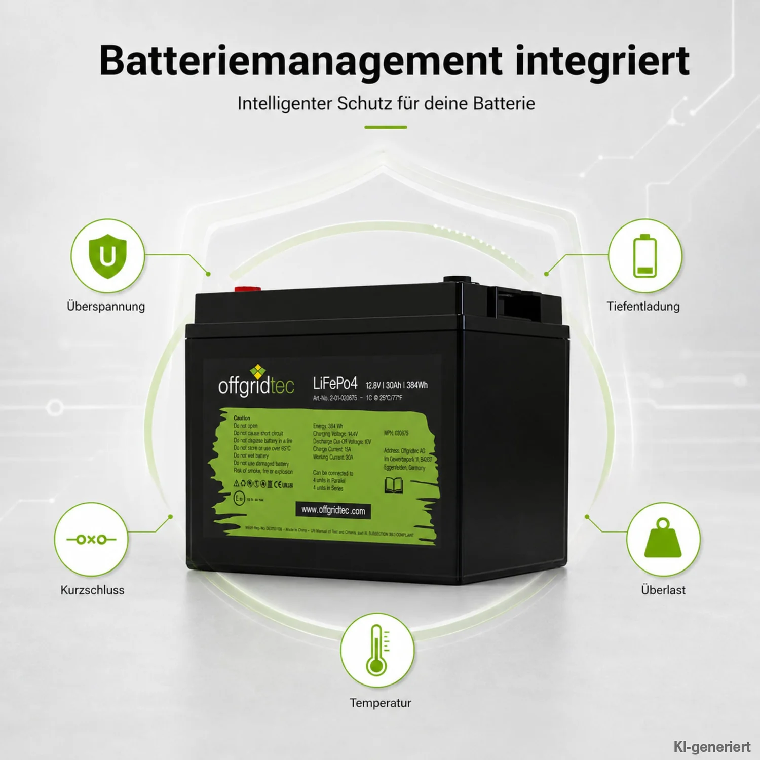 LiFePO4 Akku 12V 30Ah integriertes Batteriemanagementsystem Schutzfunktionen