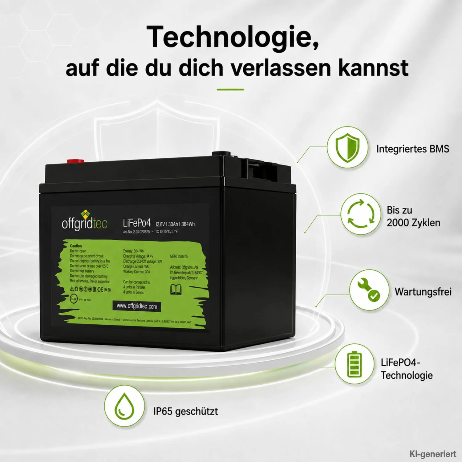 LiFePO4 Akku 12V 30Ah Übersicht der Produktmerkmale BMS IP-Schutz und Zyklenzahl