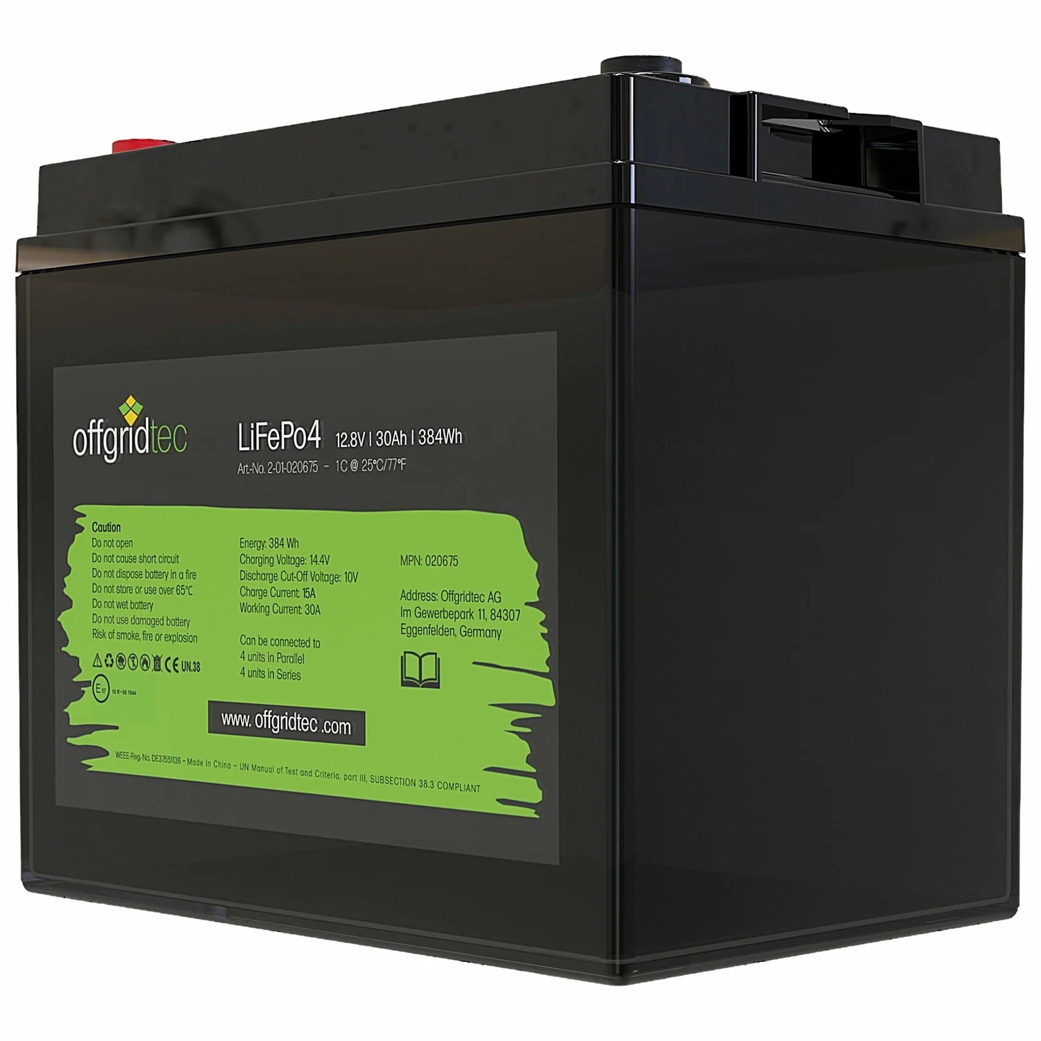 LiFePO4 Akku 12V 30Ah Offgridtec 12/30 schräge Frontansicht